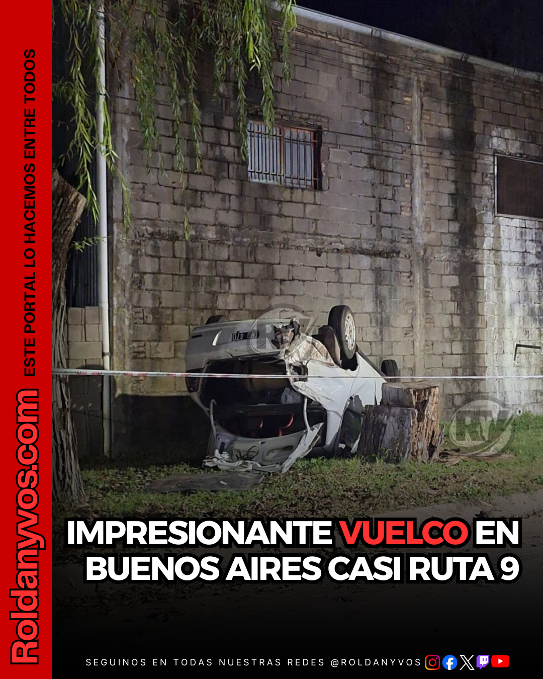 Roldán: un automóvil volcó sobre la vereda en Ruta 9 y su conductor resultó herido